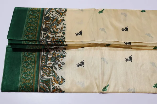 Women Traditional White Green Colour Saree Isolated White Background —  Fotos de Stock