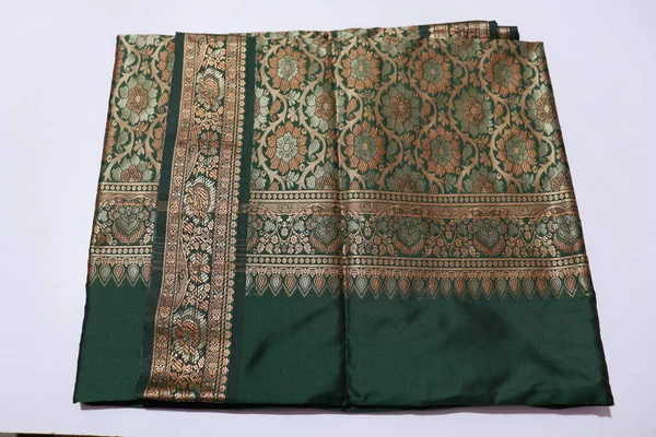Women Traditional Green Gold Colour Saree Isolated White Background — Stock Fotó