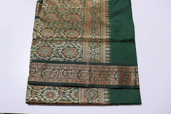 Women Traditional Green Gold Colour Saree Isolated White Background — kuvapankkivalokuva