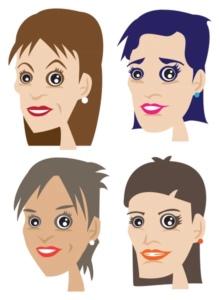 Четыре лица женщины с разной прической и выражением лица — стоковый вектор