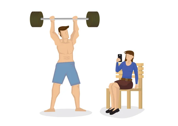 Handsome Man Big Muscles Posing Female Camera Gym Vector Illustration — Stock Vector