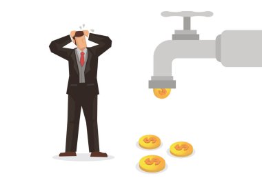Endişeli işadamı altın paralarla akan bir musluk görüyor. İş konsepti vektör çizimi.