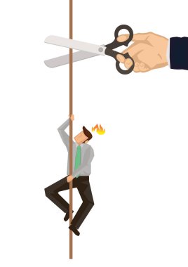 Businessman climbing on rope while a giant hand with scissors cutting the rope. Concept of sabotage. Business concept vector illustration. clipart