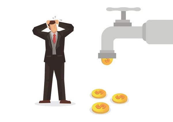 Worried Businessman Seeing Water Tap Flow Golden Coins Business Concept — Stock Vector