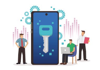 Etrafını iş adamlarıyla çevrili bir cep telefonunda anahtar olan güvenlik konsepti. Teknoloji konsepti. Vektör illüstrasyonu.