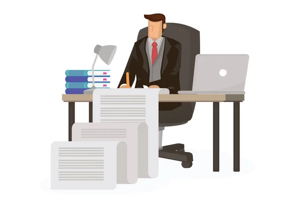 Homme Affaires Travaillant Sur Long Document Sur Son Bureau Concept — Image vectorielle