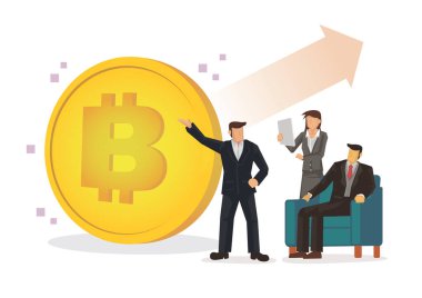 Bitcoin değerini gören iş adamları. Finansal ve iş konsepti bitcoin ve kripto para. İzole vektör illüstrasyonu.
