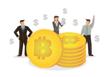Bitcoin değerini gören iş adamları. Finansal ve iş konsepti bitcoin ve kripto para. İzole vektör illüstrasyonu.