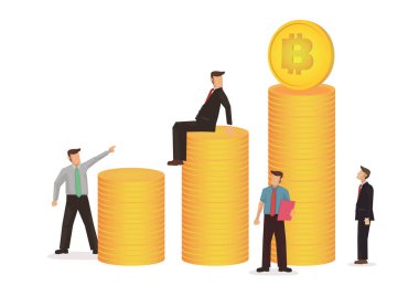 Bitcoin değerini gören iş adamları. Finansal ve iş konsepti bitcoin ve kripto para. İzole vektör illüstrasyonu.