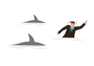 Köpekbalığı saldırılarından kaçan bir iş adamı yüzme paniği yaşıyor. Şirket riskleri kavramı. Beyaz arkaplanda izole edilmiş iş konsepti düz vektör çizimi.