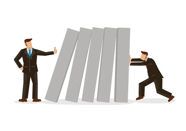 Biznesmen Przestaje Spadać Domino Popychać Przez Innego Biznesmena Koncepcja Zarządzania — Wektor stockowy