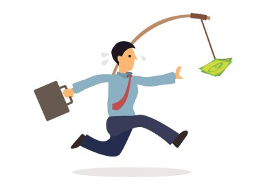 İş adamı para için çalışır. Fare yarışı ya da açgözlülük kavramı. Beyaz arkaplanda izole edilmiş düz çizgi film karakter vektör çizimi.