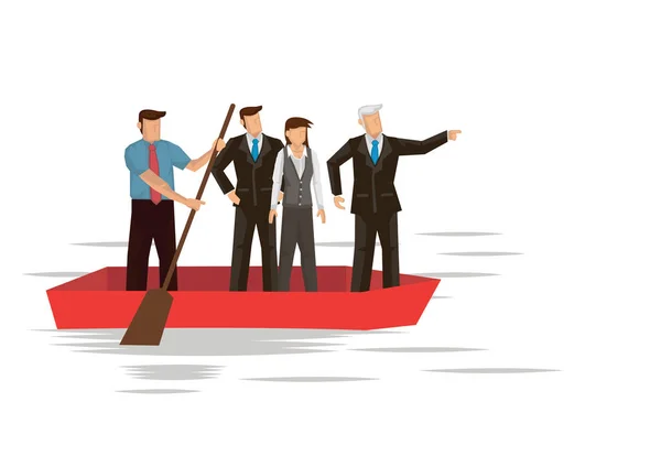 Empresário Liderando Sua Equipe Uma Viagem Barco Navegando Barco Oceano — Vetor de Stock