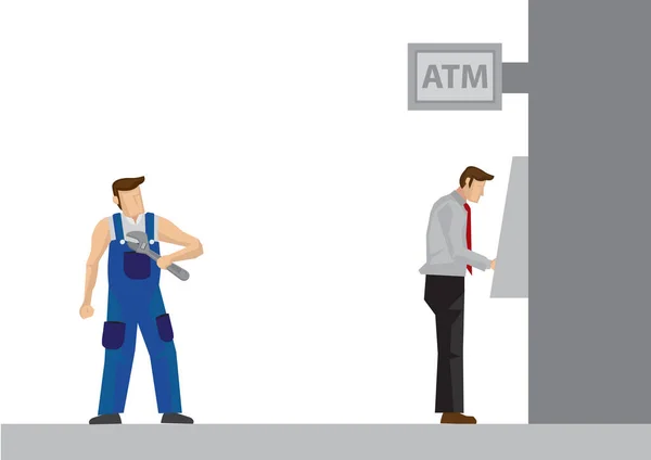 Mann Nimmt Geld Vom Geldautomaten Während Ihn Jemand Hinterrücks Ausrauben — Stockvektor
