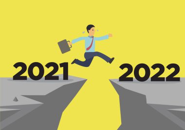 İş adamı 2021 'den 2022' ye atladı. Başarı yeni yıl kavramı ya da iş dünyasında 2022 yılına ulaşmak. Düz Vektör çizgi film illüstrasyonu.