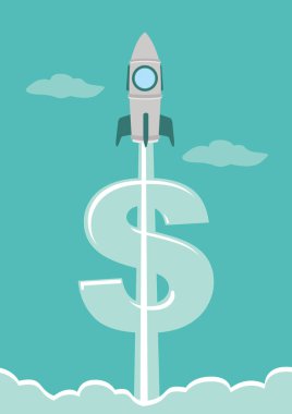 Rocket ship launching into the sky with money clouds against a green background. Concept of business product on a market. Vector illustration.