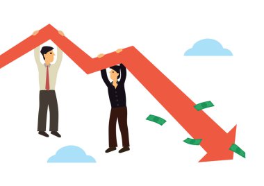 Ekonomik durgunluk, finansal kriz ya da endişeli iş adamı ya da işadamı ile borsa çöküşü kavramı. Kırmızı ok. Vektör illüstrasyonu.