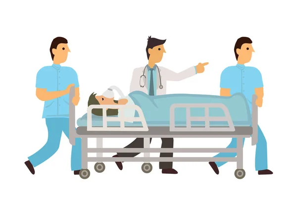 Pielęgniarki Sanitariusze Pchają Wózek Lub Nosze Rannym Pacjentem Sali Operacyjnej — Wektor stockowy