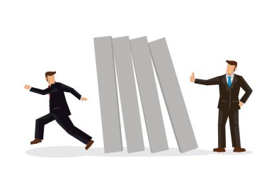 Diğer işadamları tarafından yıkılan domino taşından kaçan bir iş adamı. Kriz yönetimi ya da sabotaj kavramı. Vektör illüstrasyonu.