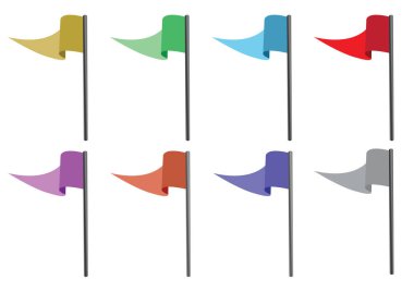 Beyaz arka planda izole edilmiş farklı renklerde bayraklar. Vektör illüstrasyonu.