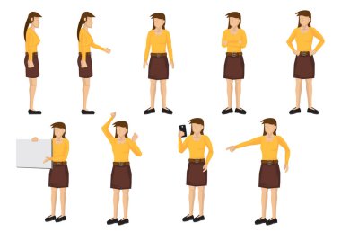 Çeşitli pozlar ve hareketlerle turuncu elbiseli bir kadın. İzole vektör illüstrasyonu.