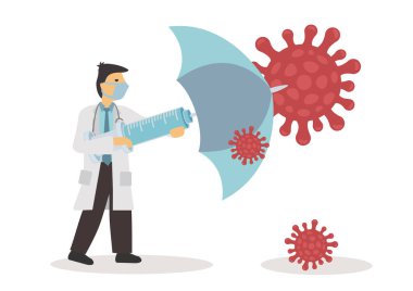 Doktor bağışıklık koronavirüsü enfeksiyonuna karşı kırmızı şemsiye kullanıyor. Vektör illüstrasyonu