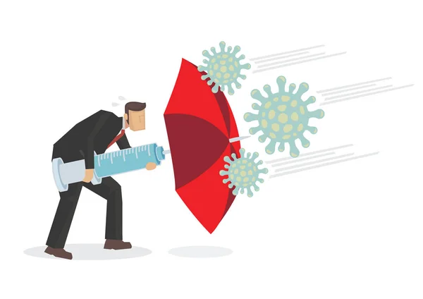 ビジネスマンは免疫性コロナウイルス肺炎の感染から自分のビジネスを保護するために赤い傘を使用しています ベクターイラスト — ストックベクタ