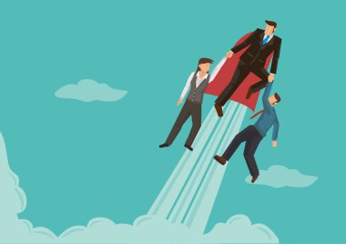 İş dünyasının süper kahramanı uçuyor ve ekip üyelerine bulutta yardım ediyor. İş konsepti liderliği ve takım çalışması. Düz vektör illüstrasyonu.