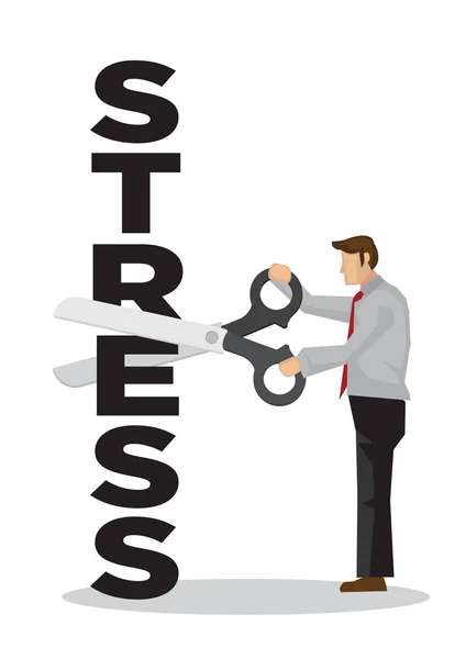 巨大なはさみでストレスをカットビジネスマン ストレスを管理するビジネスコンセプト 平面分離ベクトル図 — ストックベクタ