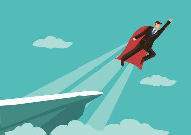 Super businessman flying from the mountain cliff into the sky. Corporate concept of success and professionalism