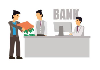 Businessman return his loan from the bank. Concept of borrower and credit agent. Flat vector illustration