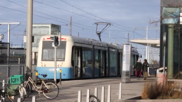 Gothenburg, Sweden- March 01 2022: Tram Vehicle at Gamlestaden Square — Stock Video