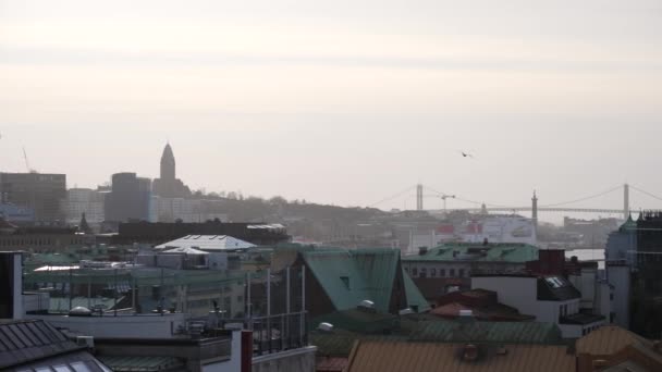 Sirály repül át Göteborg városkép Alvsborg Bridge háttér, létrehozása lövés — Stock videók