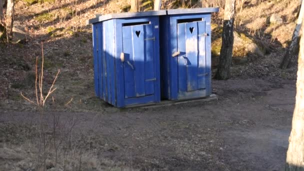 Két kék fa hordozható ideiglenes WC a természetben, dönthető fel — Stock videók