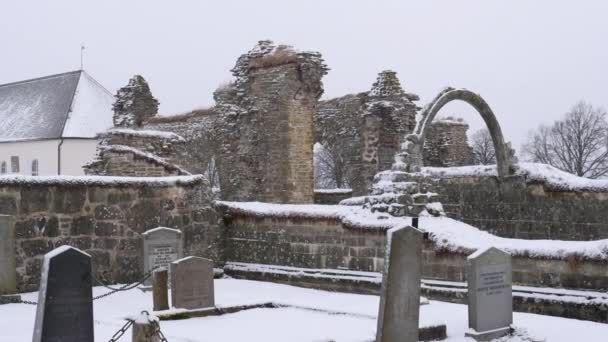 Oude ruïnes en graven in de abdij van Gudhem, Erfgoed Toerisme, Pan — Stockvideo