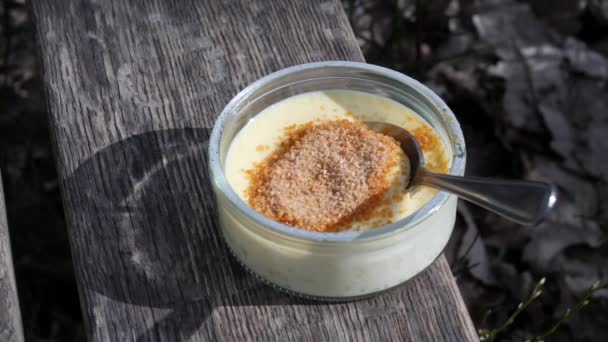 Creme Brulee Odkryty w słońcu. Francuski deser waniliowy na ławce, zbliżenie — Wideo stockowe