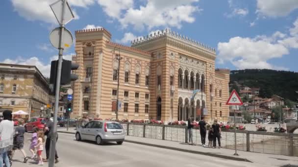 Sarajevo Bosnien Juni 2022 Stadshuset Eller Vijecnica Landmärke Dolly Högkvalitativ — Stockvideo