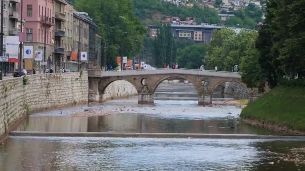 Pont Latin Sur Rivière Miljacka Sarajevo Bosnie Jour Été Images — Video