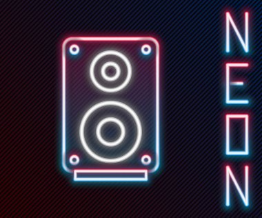 Parlayan neon hattı Stereo hoparlör simgesi siyah arkaplanda izole edildi. Ses sistemi hoparlörleri. Müzik ikonu. Müzikal sütun hoparlörü. Renkli taslak konsepti. Vektör