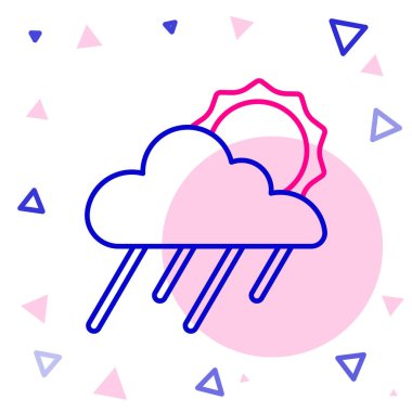 Yağmur ve güneş ikonuna sahip çizgi bulutu beyaz arka planda izole edildi. Yağmur damlaları ile yağmur bulutu yağışı. Renkli taslak konsepti. Vektör