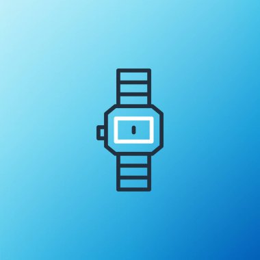 Satır Bileği saat simgesi mavi arkaplanda izole. Kol saati simgesi. Renkli taslak konsepti. Vektör