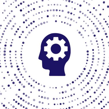 Beyaz arkaplanda izole edilmiş mavi insan kafası. Yapay zeka. Düşünen beyin. Beynin sembol çalışması. Soyut çember rastgele noktalar. Vektör