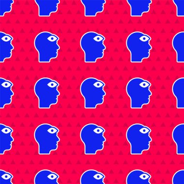 Üçüncü göz ikonuna sahip mavi adam kırmızı arka planda izole edilmiş pürüzsüz desen. Meditasyon konsepti, enerji vizyonu, aura. Vektör