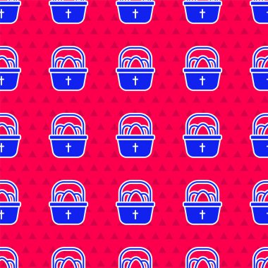 Paskalya yumurtası ikonlu mavi sepet kırmızı arka planda izole edilmiş. Mutlu Paskalyalar. Vektör