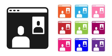 Siyah görüntülü sohbet konferansı simgesi beyaz arkaplanda izole edildi. Ekranda görüntülü sohbet arayüzü olan bilgisayar. Simgeleri renklendirin. Vektör