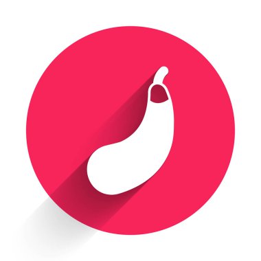 Beyaz patlıcan simgesi uzun gölge arkaplanı ile izole edilmiş. Kırmızı daire düğmesi. Vektör