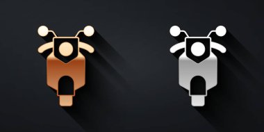 Siyah arka planda altın ve gümüş Scooter ikonu var. Uzun gölge tarzı. Vektör