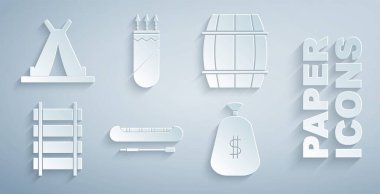 Kano, kano ve kürek, tahta fıçı, tren yolu, tren yolu, para çantası, oklu Quiver ve kızılderili çadırı ikonu. Vektör