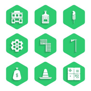 Tüylü Kızılderili başlığı, Meksika şapkası, hazine haritası, Tomahawk baltası, para çantası, Revolver silindiri, tüy kalem ve Vahşi Batı salonu ikonu. Vektör