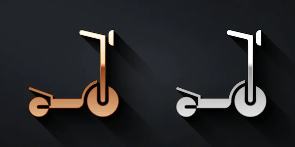 Goud en zilver Roller scooter voor kinderen pictogram geïsoleerd op zwarte achtergrond. Schop scooter of loopfiets. Lange schaduw stijl. Vector — Stockvector